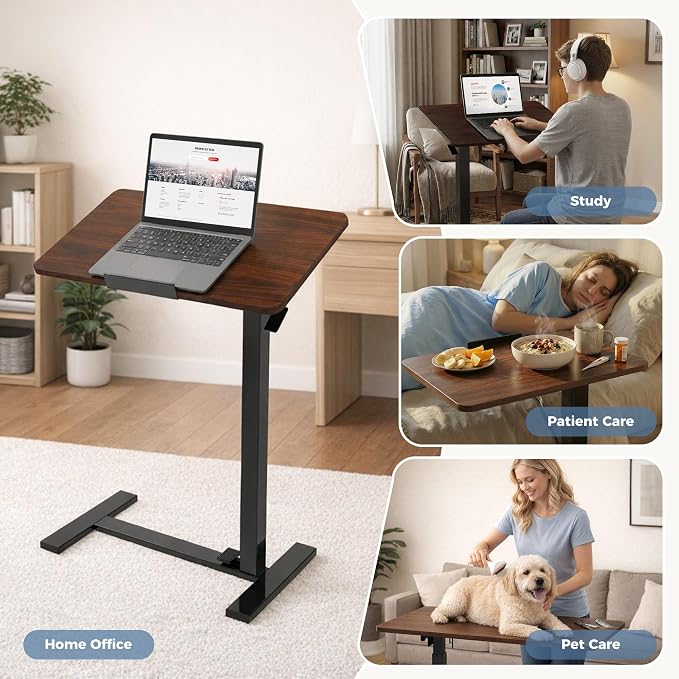 DUMOS Adjustable Rolling Desk, Mobile Overbed Bedside with Hidden Wheels, Portable Laptop Standing Desks Computer Workstation for Bed Sofa Couch, Chocolate