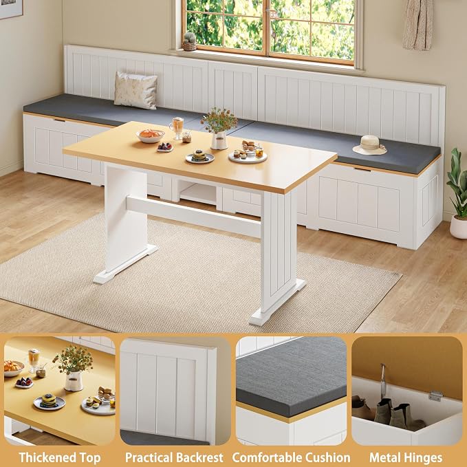 Breakfast Nook Corner Table Set, L-Shaped Corner Dining Set with Hidden Storage Bench, 3 Piece Kitchen Corner Bench Set with Cushion, Flip Top Entryway Bench, Space Saving Reversible, White