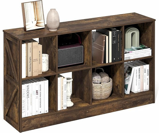 Furinno Jensen Book Shelf, 8-Cube Farmhouse Bookshelf, Display Bookcase, 11.8 x 47.6 x 26.8, for Living Room, Bedroom, Home Office, Amber Pine