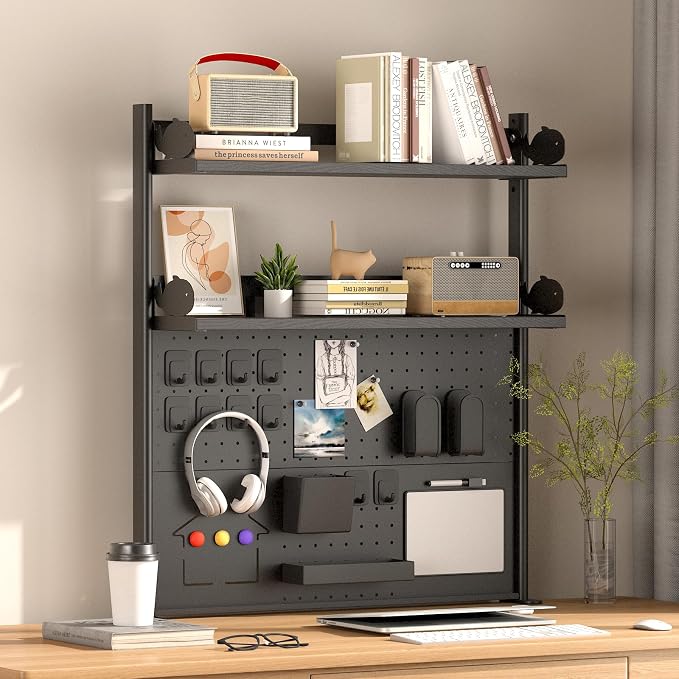 Modern Metal Clamp-On Desk Hutch with Pegboard, 2-Tier Desktop Organizer Shelf for Home Office or Gaming Desk, 31.4", Black