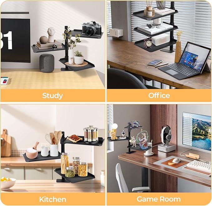 Desk Extender, 3 Tier Desk Clamp Shelf, Adjustable Clamp on Desk Shelf | 360° Rotatable & Height Adjustable, Suitable for Study, Office, Kitchen & Game Room, Max Desktop Thickness 2.2 Inches