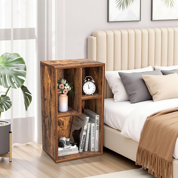 VECELO 11.8" Open Bookshelf, Waterproof Particle Board Asymmetrical Split Cubby Storage Organizer, Brown Uneven Compartment Display Cube for Tall Books, Bedroom Dorm Office