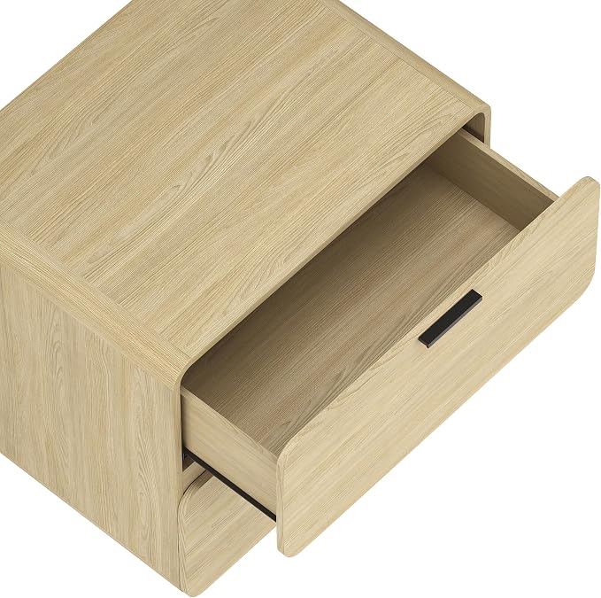 Manhattan Comfort Chrystie Fluted Nightstand 26" Bedside Table with 2 Full Extension Drawers, Rounded Corners, Wood Grain Finish, and Metal Handle Side Table for Bedroom or Living Room in Natural Oak