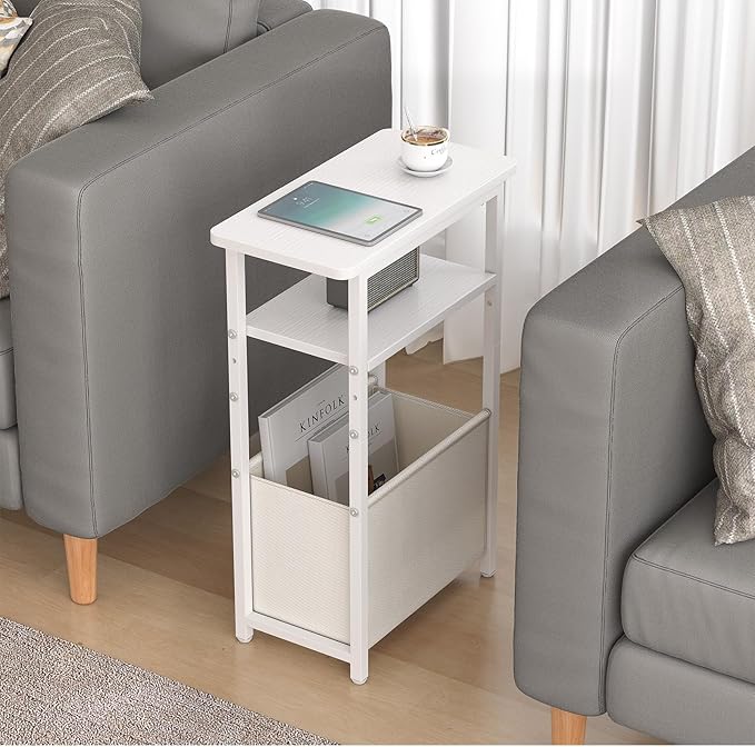 sthmec Narrow Side Table, Skinny End Tables with Fabric Basket, Small Side Tables for Small Space, 2-Tier Open Shelves with Basket, Slim Nightstands for Bedroom,Living Room,Office, White