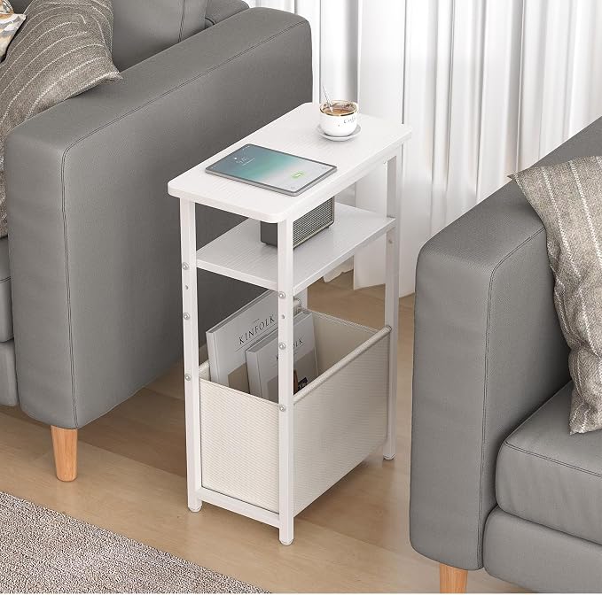 sthmec Narrow Side Table Set of 2, Skinny End Tables with Fabric Basket, Small Side Tables for Small Space,2-Tier Open Shelves with Basket, Slim Nightstands Set 2 for Bedroom,Livinroom,Office,White