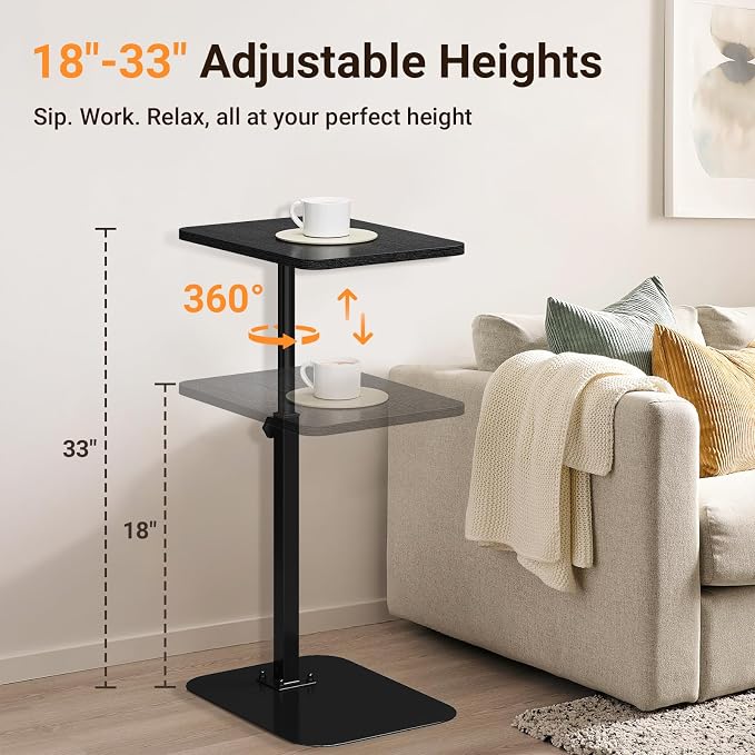 ELYKEN TV Tray Table, C-Shape Couch Desk, 360° Swivel Side Table Height Adjustable, Laptop Stand for Couch Recliner, Small Bedside Tables (Black)
