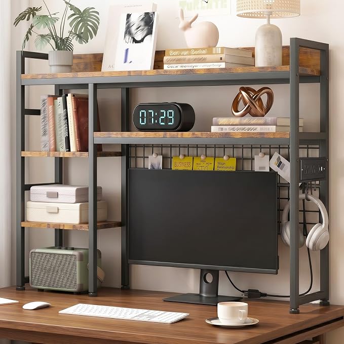 SANYOUNG 45.3" Desktop Hutch Bookshelf with Power Outlet, Heavy-Duty Desk Shelf Bookcase with Grid Panel, 3 Tier Adjustable Countertop Organizer Rack, for Home Office, Dorm, Rustic