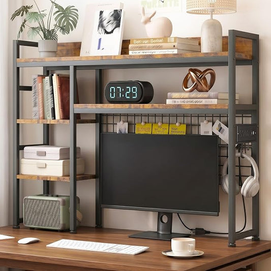 SANYOUNG 45.3" Desktop Hutch Bookshelf with Power Outlet, Heavy-Duty Desk Shelf Bookcase with Grid Panel, 3 Tier Adjustable Countertop Organizer Rack, for Home Office, Dorm, Rustic