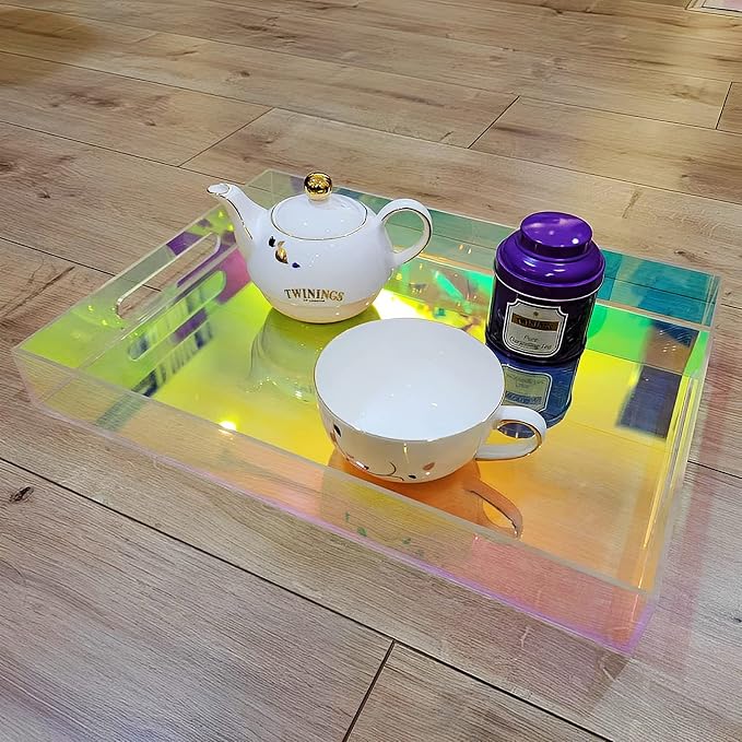 ROYALITA Iridescent Acrylic Serving Tray with Handles 16x12 Inch - Acrylic Tray Bathroom Perfume Tray Spill Proof, Decorative Tray for Ottoman Coffee Table Countertop, Wedding Decor, Office Desk