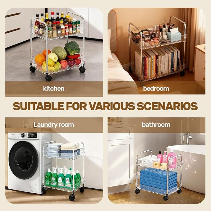 2 Tier Utility Rolling Cart with Wheels Multifunctional Storage Cart Under Desk Storage Organizer with Handle and Hooks for Home Kitchen Office Bathroom Organization Transparent