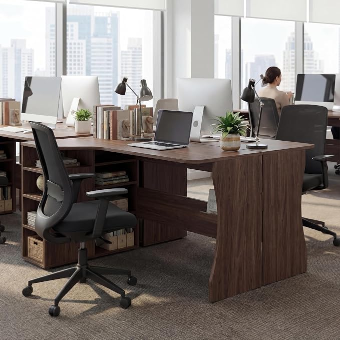 IDEALHOUSE L Shaped Desk with Storage Shelves, Small Corner Desk for Small Spaces, Reversible Table with 3 Tier Shelves, Home Office, Writing Study Gaming Desk, Walnut Wood