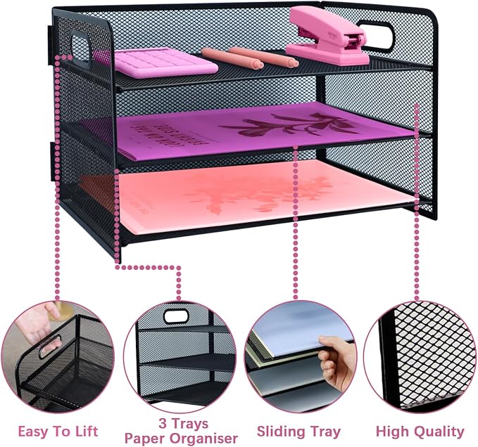 3 Tier Lettrer Tray Organizer with Handle, Metal Mesh Desk File Organizer with Sliding Trays, Paper Sorter Desk for Home Office School, Black