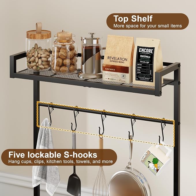 Mini Fridge Stand with Storage Shelves, Kitchen Bakers Rack, Coffee Bar, Microwave Oven Stand, Wine Cabinet, Refrigerator Stand with 5 Lockable S Hooks for Dorm, Apartment, Living Room, Office