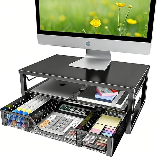 Simple Trending Monitor Stand Riser with Drawer, Black for Home Office | Metal 2-Tier Monitor Stand with Hidden Drawer | Ergonomic Neck Support | Desk Organizer | Space Saving | Fast Setup