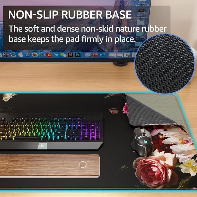 KTRIO Large Gaming Mouse Pad, Desk Mat, 31.5 x 15.7 in Peony Flower, XXL | Smooth Micro-Weave Surface, Artistic Pattern Design, Non-Slip Rubber Base, Durable Stitched Edges, Office & Home Use