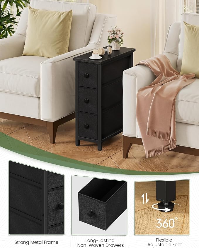 CHOEZON Narrow Side Table with 3 Fabric Drawers, Industrial Slim Bedside Table for Small Spaces, Bedroom, Living Room, Dormitory, Black TBZ09BB