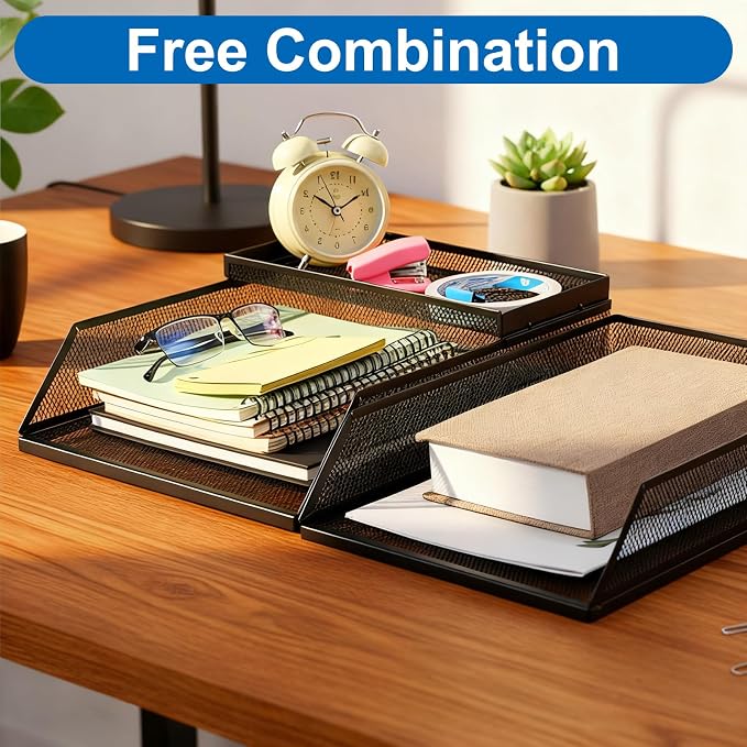 4-Piece Desk Organizer Set with 3 Slanted Paper Trays and Top Caddy, Metal Mesh Desktop File Organizer, Stackable Letter Trays for Document Storage in Home, Office, School (Black)