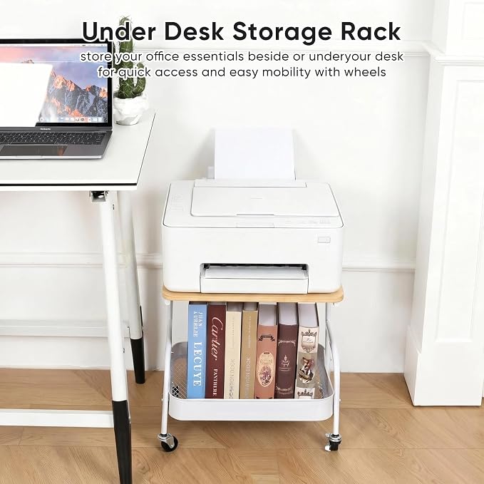 Under Desk Printer Stand with Storage 2 Tier Rolling Printer Cart with Wheels, Mobile Short Under Shelf Storage Small RollingTable Cart for Home and Office, White