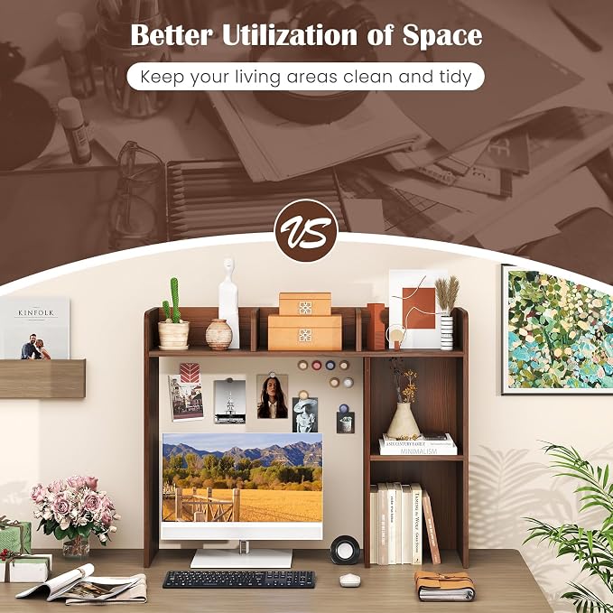 MAT EXPERT Desk Organizer, Wooden Desktop Shelf for 27 Inch Monitor with 5 Shelves & Non-Slip Foot Pads, Anti-Tipping Device, Multipurpose Desk Hutch for Study, Office, Dorm (Walnut)