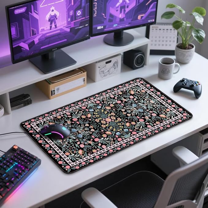 Black Floral Desk Mat, 31.5"x15.7" Large Mouse Pad, Anti-Slip Rubber Base Mousepad, Keyboard Pad with Stitched Edges, Water-Resistant Smooth Desk Blotter, Computer Mat for Home Office Desk