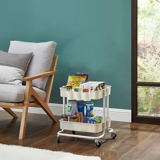 2-Tier Utility Rolling Cart Storage Sofa Side Table with Wheels, Mobile Trolley Organizer with for Office Home Kitchen Organization, Cream White