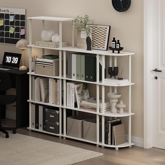 Furinno Turn-N-Tube Toolless Assembly 4-Tier Corner Shelf, White Corner Book Shelf, Open Shelves Bookshelf, for Organization and Storage, Living Room, Home Office, Bedroom, Plain White