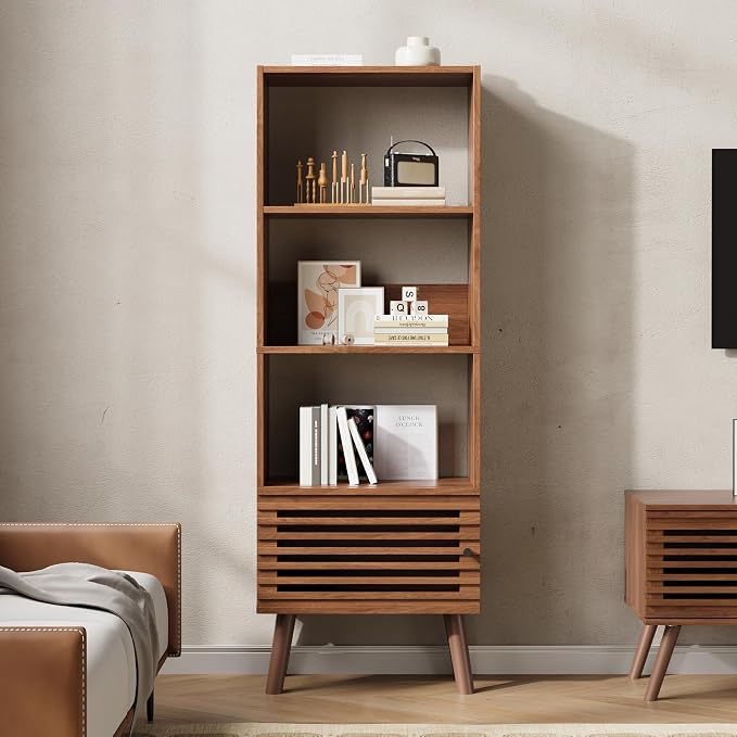 Furnify Small Narrow Corner Bookcase, 55" H Mid Century Modern Bookshelf with Slatted Door, 4 Cube Bookcase with Open Shelf, Display Storage Cabinet for Living Room, Home Office, Walnut