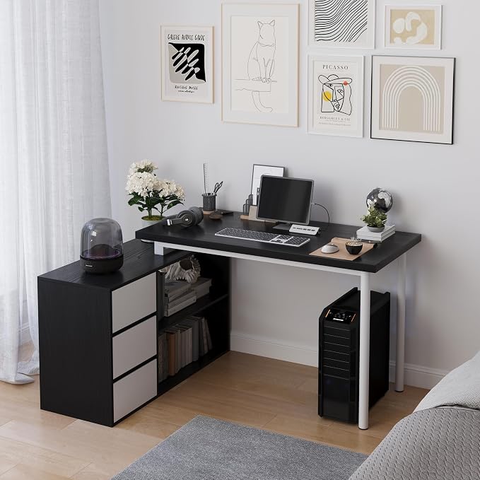 Mekminop L Shape Computer Desk with 3 Drawers and 2 Shelves, Home Office Desk Corner Small Desk with Storage Cabinet for Writing Study Executive – Black and White
