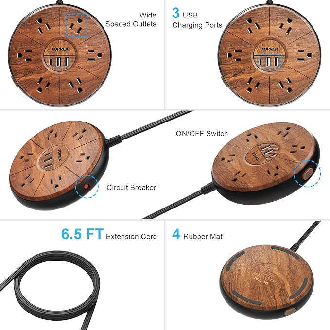 Power Strip with USB - 6 Outlets, 1 USB-C (20W PD), 2 USB-A - Wood Finish Power Strip Surge Protector, 6.5 ft Flat Extension Cord for Home Office, Dorm Desk
