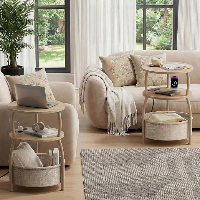 Round Side Table with Power Outlets, Type-C, 15.75 in Small Coffee Table with Basket, Space Saving End Table 3-Tier Bedside Corner Table Stand for Living Room, Bedroom, Garden Light Oak