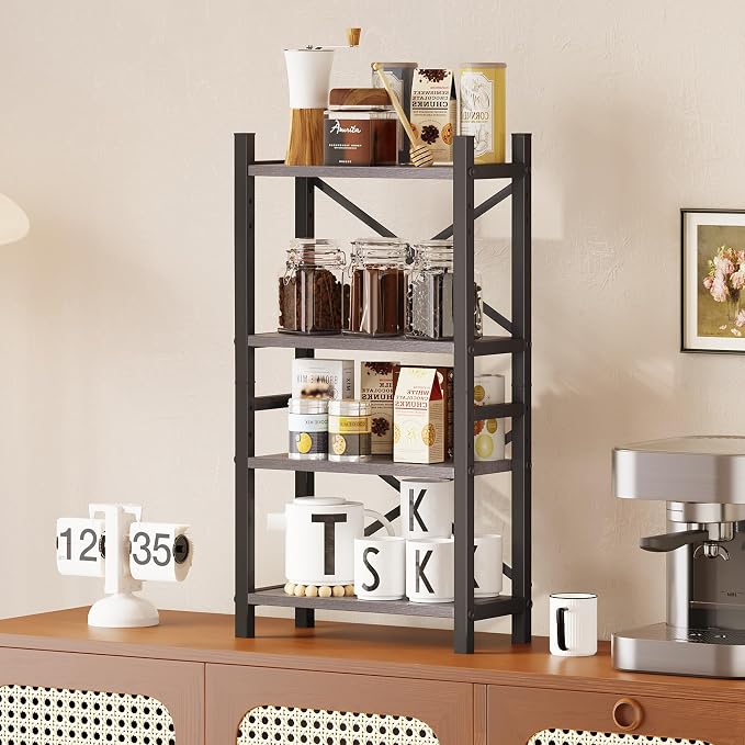 Desktop Bookshelf, 4-Tier Stackable Narrow Bookcase, Adjustable Industrial Desk Organizer & Hutch - Rustic Brown Wood Desktop Book Organizer for Living Room, Bedroom & Home Office