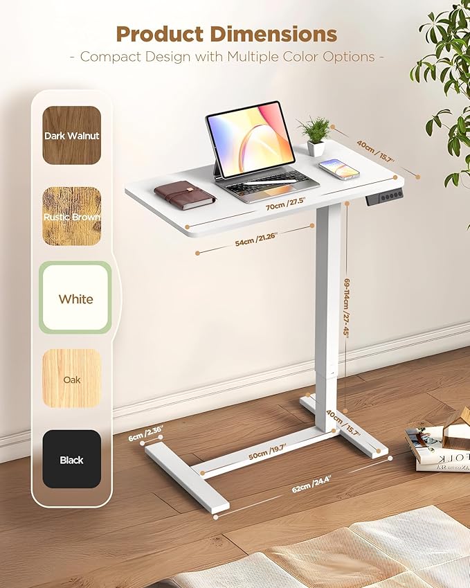 Overbed Bedside Table with Wheels, Electric Standing Desk Adjustable Height, Small Computer Desk for Home Office, Rolling Laptop Desk for Bed, Sofa, or Hospital Use (28"x16",White)