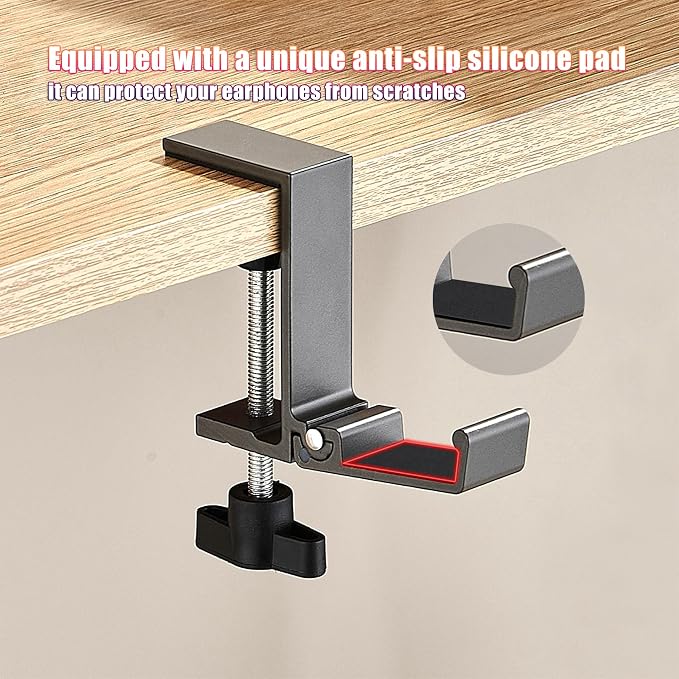 Foldable Under Desk Headphone Hanger, Aluminum Clamp-On Headset Stand, No Drill Anti-Scratch Mount, Heavy Duty 10KG Load Bearing Universal for Gaming Headset, Controller, Cable & Bag Organizer(Grey)
