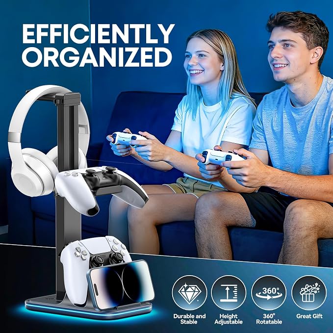 Gaming Headset & Controller Stand, Rotating Headphone Storage with 2 Controllers & Phone Holder, 9 RGB Modes Game Desk Storage for PS5/PS4/XBOX PC Gamer Essentials Organizer Gift Accessories