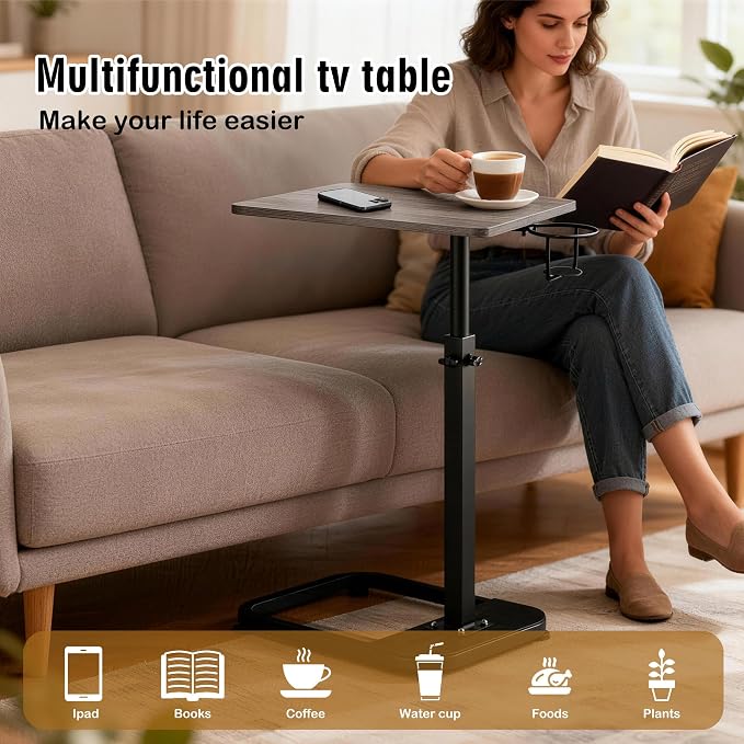 facka Adjustable Gray TV Tray Table with Rounded Metal Corners, C-Shaped Snack Table for Couch, Sofa, Bed or Chair, Small Space Side Table for Eating, Dinner, or Laptop Use