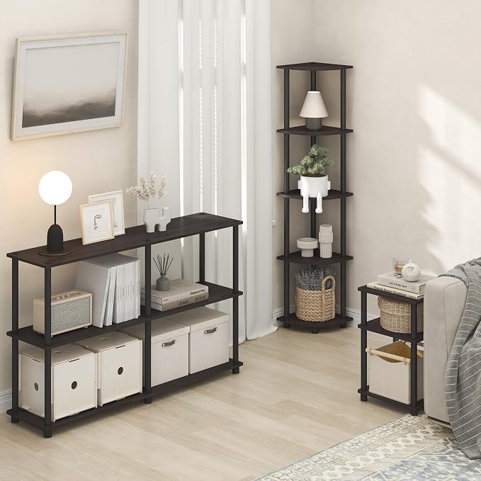 Furinno Turn-N-Tube Corner Shelf, 5-Tier Corner Bookshelf, Open Storage Shelves, for Organization and Storage, Living Room, Home Office, Garage, Bedroom, Dark Mocha
