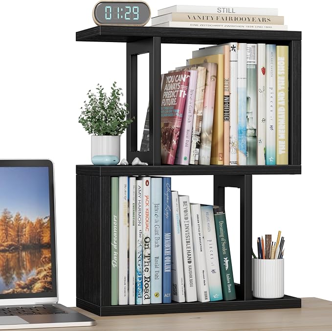 Desktop Bookshelf Shelf for Top of Desk - Black Small Organizer 3-Tier Shelves Storage Bookcase Hutch for Dorm Office College Table Top Organization Shelving Decorations for Women Office
