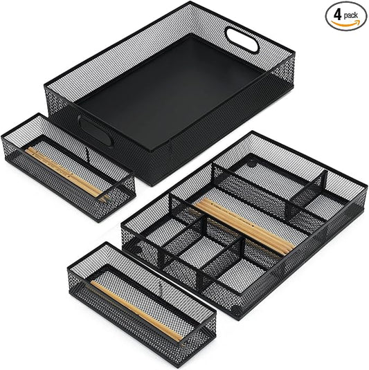 Neudeco Desk Drawer Organizer, 4 Pack Metal Mesh, Black | Adjustable Dividers, Stackable, Pen Organizer, Office Supplies Organizer