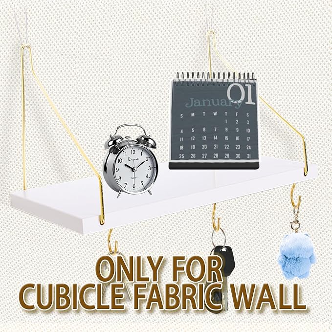 2-Pack Cubicle Shelf For Fabric Walls With Hooks：12x6.0in White Wooden Cubicle Shelf Hanging Organizer Gold Shelves Accessories Office Stylish Ations cubical Decorations For Women Desk work storage