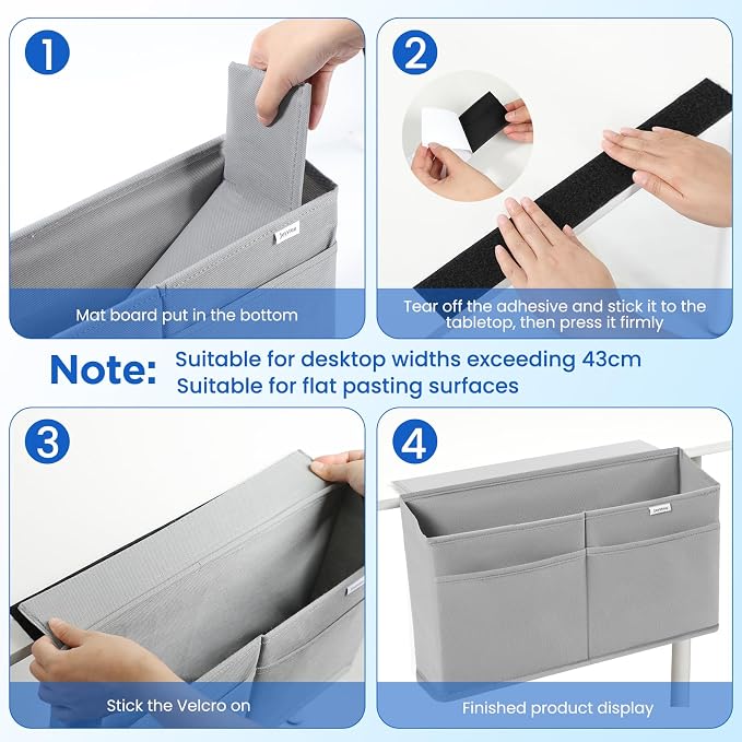 Desk Side Hanging Organizer, Adhesive Storage Bag with Pockets for Magazine Ipad Notebook, for End Tables Home Office Desks Computer Workstations Dressing Table, Grey
