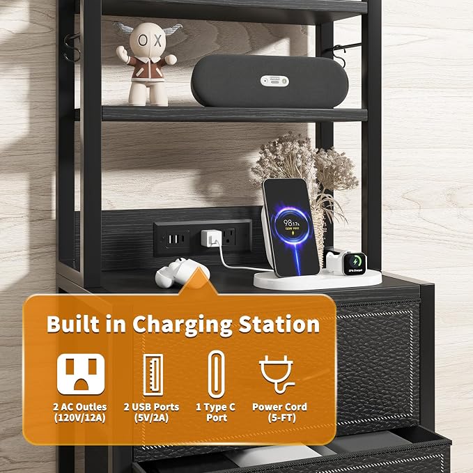 Tall Nightstand with LED Light, LED Night Stand with Charging Station and USB Type C Port, Bedside Table with 4 Fabric Drawers for Bedroom, Dorm, Office (Black)