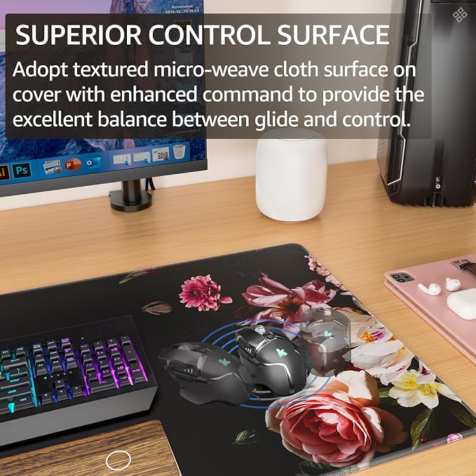 KTRIO Large Gaming Mouse Pad, Desk Mat, 31.5 x 15.7 in Peony Flower, XXL | Smooth Micro-Weave Surface, Artistic Pattern Design, Non-Slip Rubber Base, Durable Stitched Edges, Office & Home Use