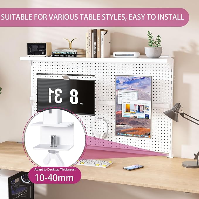 Clamp-On Metal Desk Pegboard with Dual Monitor Stand–No Drilling Needed! 59x35 Inch Steel Privacy Panel with Hooks & Movable Partition, Peg Board Wall Organizer for Gaming & Office