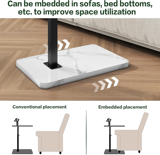IBUYKE C Shaped Side Table, 360° Swivel Height Adjustable End Table for Small Spaces, with Phone & Tablet Slot, Modern Small Coffee Snack Table for Sofa/Bed, White with Black UTVT003BW