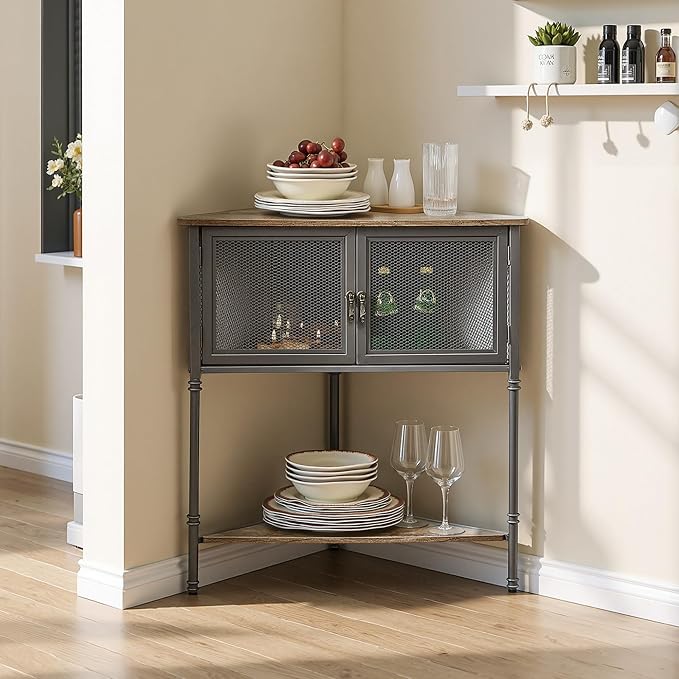 VECELO 3-Tier Corner Table,Cabinet with Mesh Door and Open-Shelf,Corner Shelf Stand,Metal Frame Storage Shelf Organizer Display Shelves for Bedroom,Living Room,Kitchen,Bathroom