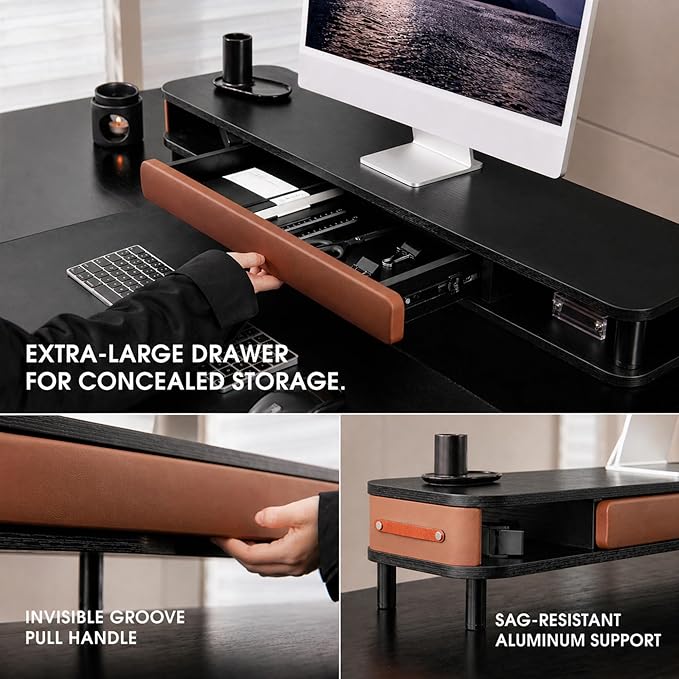Fenge Monitor Stand with Large Drawer, 42.5 Inch Dual Monitor Riser for 2 Monitors, Ergonomic Computer Desk Shelf with Soft Touch Leather & Storage Organizer for Laptop, Computer, TV, PC, Printers