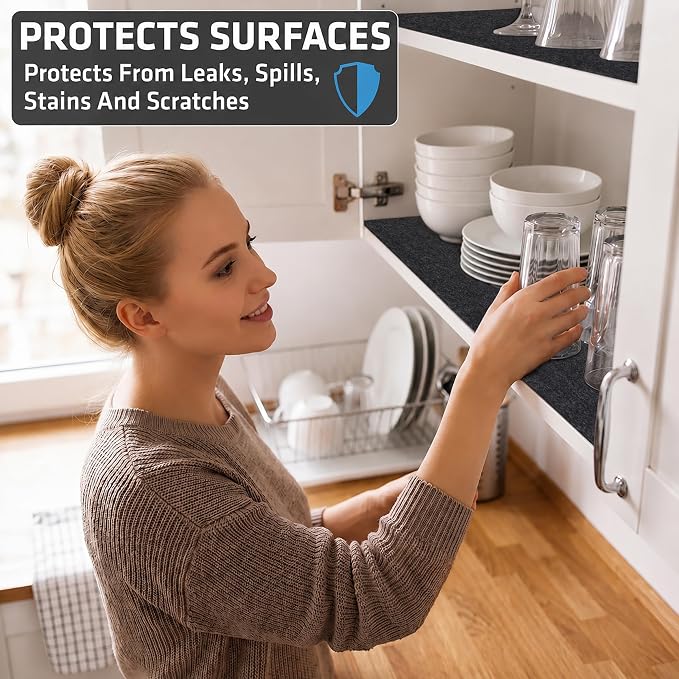 Drymate Premium Luxury Shelf & Drawer Liner, Thick Cushioned Fabric, Non-Adhesive, Absorbent, Waterproof, Slip-Resistant, Liners for Kitchen Cabinets, Cupboards (USA Made)(11”x50”)(2-Pack)(Charcoal)