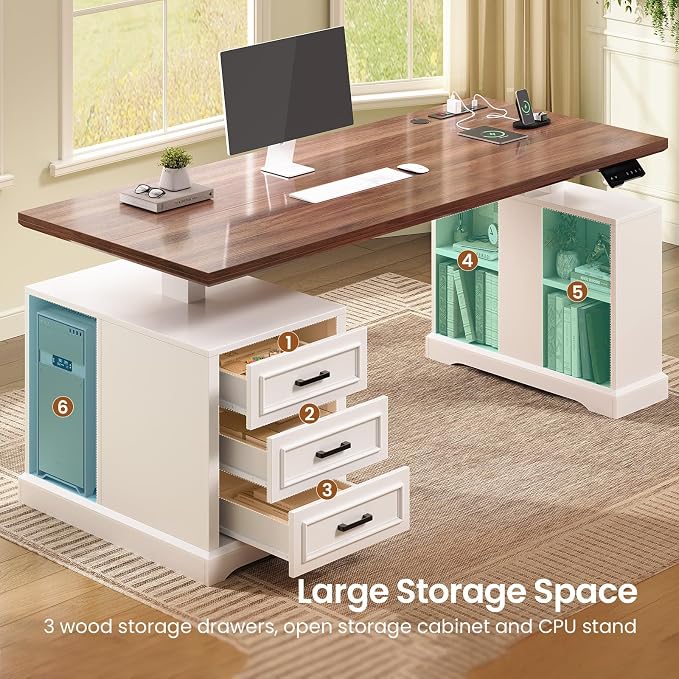 SEDETA Farmhouse Electric Standing Desk, 63" Height Adjustable Computer Desk with 3 Drawers, Storage Shelves, Power Outlets, Wood Home Office Stand up Desk for Work, Study, Writing, White