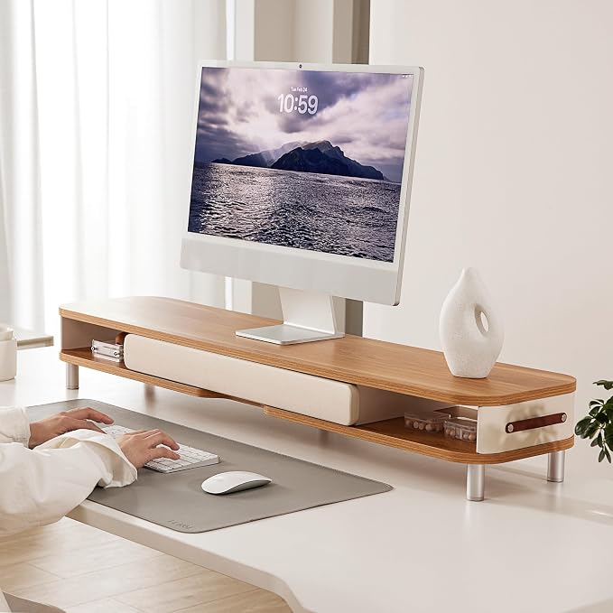 Fenge Monitor Stand with Large Drawer, 42.5 Inch Dual Monitor Riser for 2 Monitors, Ergonomic Computer Desk Shelf with Soft Touch Leather & Storage Organizer for Laptop, Computer, TV, PC, Printers