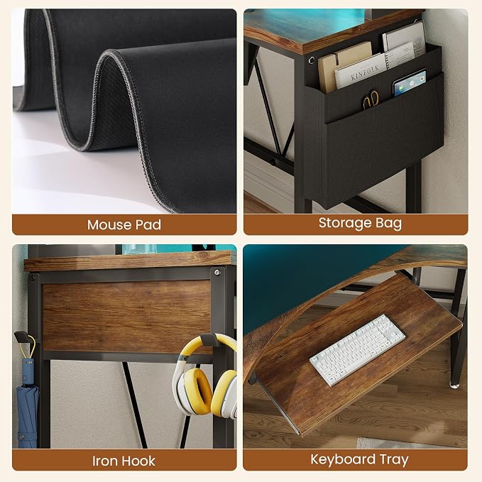 SEDETA Corner Desk, 39" W x 62" H Small Office Desk with Hutch & LED Lights, Triangle Gaming Computer Desk with Keyboard Tray, Storage Bag, and Headphone Hook for Small Space, Rustic Brown